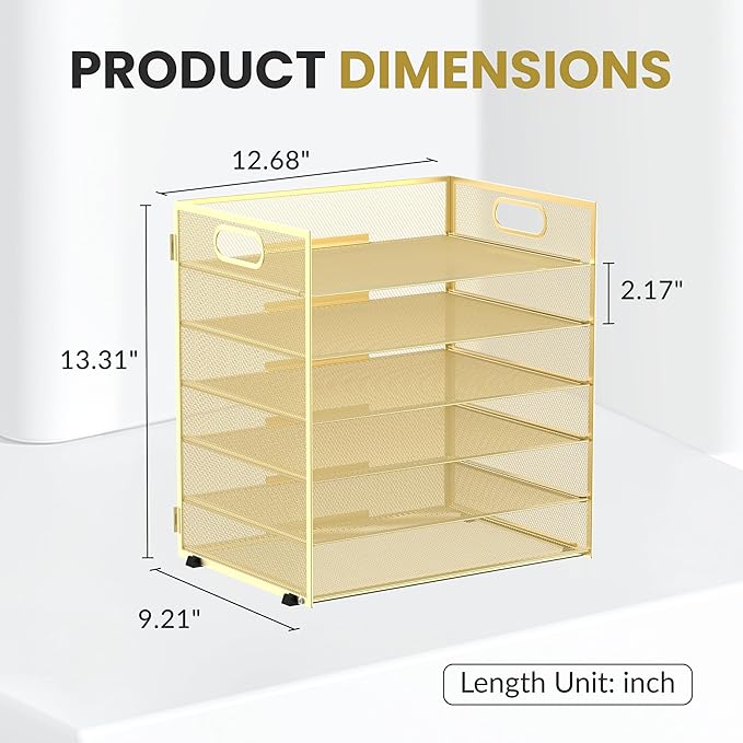 Daltack 6 Tier Paper Organizer for Desk, Paper Letter Tray Organizer for Desks, Mesh Desk File Organizers with Handle for Office, Home, School, Gold, 2 Pack