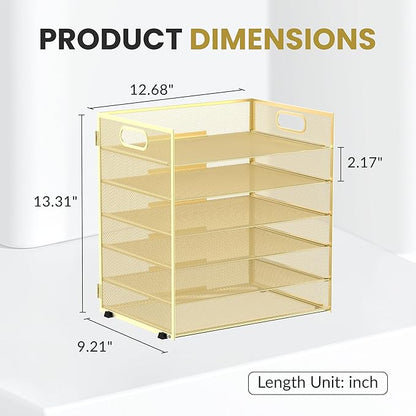 Daltack 6 Tier Paper Organizer for Desk, Paper Letter Tray Organizer for Desks, Mesh Desk File Organizers with Handle for Office, Home, School, Gold, 2 Pack