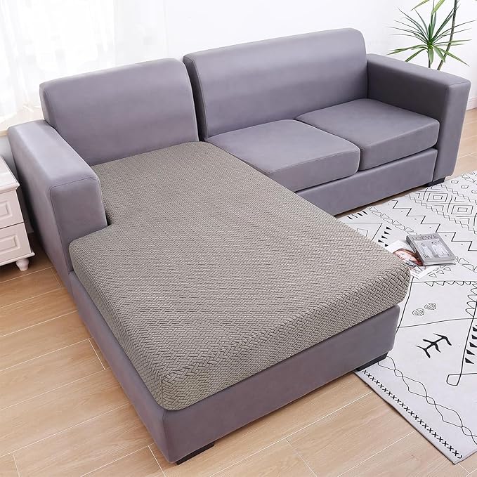Smiry Waterproof Couch Cushion Covers, Stretch Jacquard Sectional Couch Covers, L Shape Chaise Lounge Sofa Slipcover, Washable Elastic Furniture Protector for Pets, Kid (Chaise Cover, Taupe)