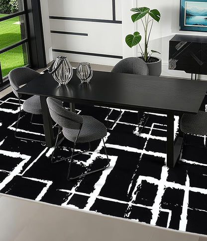 YIHOUSE Black Modern Geometric Area Rug 5x7, Black and White Rug with Abstract Rectangular Patterns,Non-Shedding Washable Rugs for Bedroom, Home Office and Small Living Room