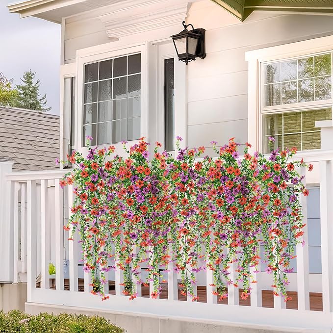 Artificial Hanging Flowers for Outdoors, 2 Pcs Fake Hanging Plant Spring Summer Decor, UV Resistant No Fade Realistic Faux Flower for Front Door Porch Planter Patio Garden Yard(Red Purple)