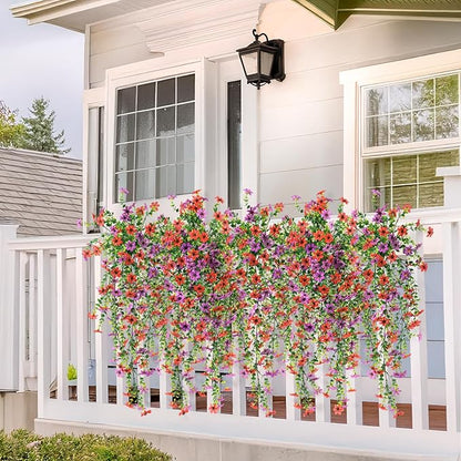 Artificial Hanging Flowers for Outdoors, 2 Pcs Fake Hanging Plant Spring Summer Decor, UV Resistant No Fade Realistic Faux Flower for Front Door Porch Planter Patio Garden Yard(Red Purple)
