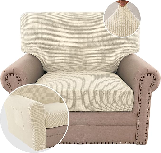 H.VERSAILTEX Multi-Pieces Chair Covers Stretch Couch Covers Form Fitted Seat and Back Cushions Covers (1 Seat Cover Plus 1 Back Cusion Cover, Bonus 2 Armrest Covers), Natural