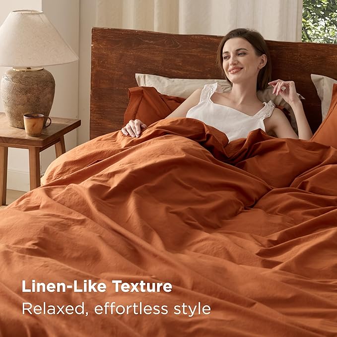 Bedsure 100% Washed Cotton Duvet Cover Queen Size - Burnt Orange Minimalist Cotton Duvet Cover Linen Like for All Seasons - GentleSoft™ Plain Simple Bedding (Burnt Orange, Queen, 90"x90")