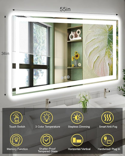 55"x 36" LED Mirror for Bathroom, 3 Colors Wall-Mounted Large Vanity Mirror with Lights, Controlled Separately, Front and Backlit, Anti Fog, Stepless Dimmable, Memory(ETL)