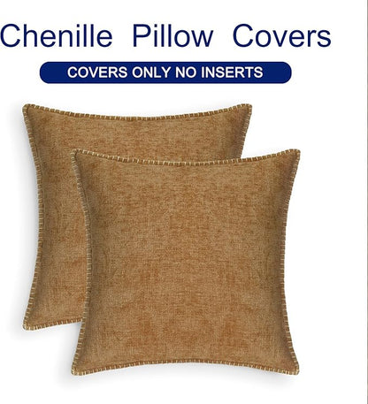 CaliTime Throw Pillow Covers Decorative 26 X 26 Inches Pack of 2 Cotton Thread Stitching Edges Solid Dyed Soft Chenille Cushion Cases for Couch Sofa Bed Living Room Farmhouse Apricot Brown