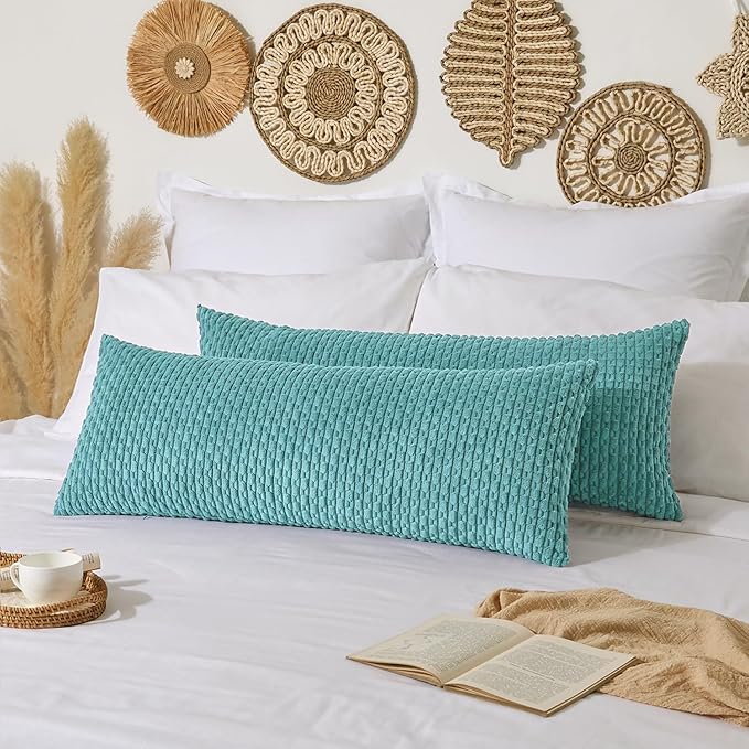 Kevin Textile 14x36 Inch Long Lumbar 1 Pack Boho Decorative Throw Pillow Cover Soft Striped Corduroy Rectangle Cushion Case Farmhouse Solid Color Accent for Living Room Couch Sofa Bed, Aqua Green