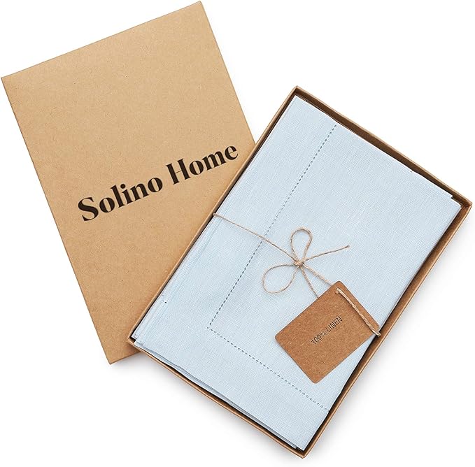 Solino Home Light Blue Linen Napkins Set of 6-100% Pure Linen Hemstitch Dinner Napkins 20 x 20 Inch for Winter, New Year - Classic Hemstitch