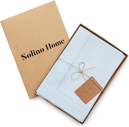 Solino Home Light Blue Linen Napkins Set of 6-100% Pure Linen Hemstitch Dinner Napkins 20 x 20 Inch for Winter, New Year - Classic Hemstitch
