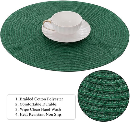 SHACOS Dark Green Round Placemats Set of 6 Cotton Polyester Braided 15 inch Washable Kitchen Dining Table Place Mats Christmas Table Mats for Home Wedding Party Decor