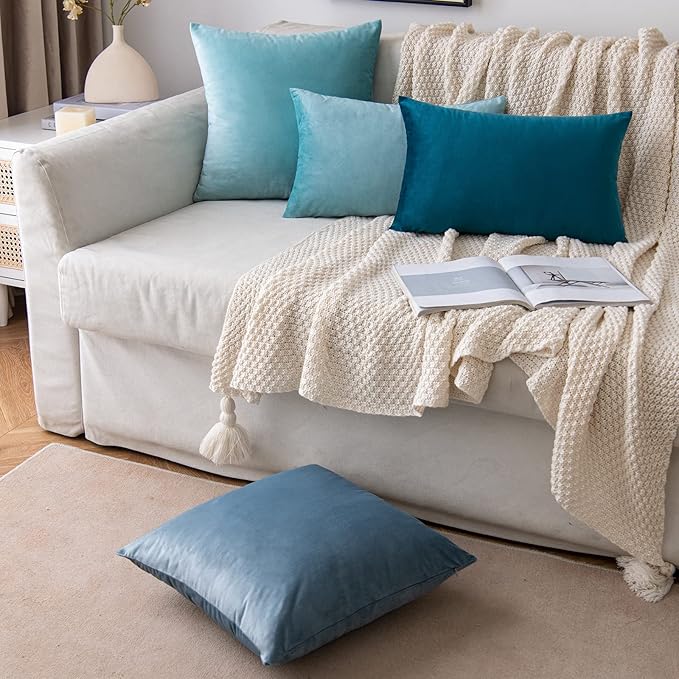 EMEMA Pack of 2 Velvet Throw Pillow Covers Decorative Square Pillowcase Soft Solid Cushion Case for Sofa Bedroom Chair Car 24x24 Inch Light Blue