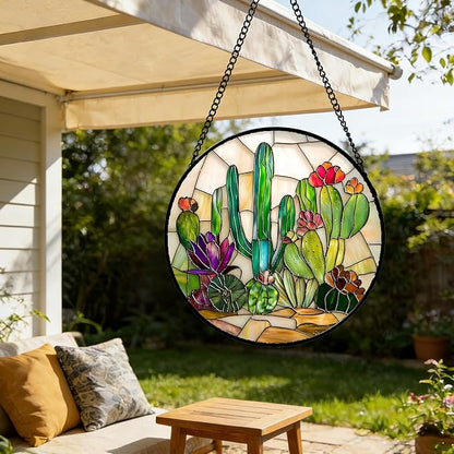 DASTOLL Stained Glass Window Hanging, White Green Cactus Suncatcher Diamond Glass Panel Hangings Sun Catchers Decor for Birthday for Women, Men, Wife, Aunt, and Mom 6.3 in