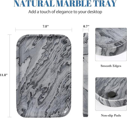 Koville Marble Tray, 12"x8" Natural Marble Vanity Tray for Countertop Bathroom Kitchen Dresser, Decorative Catchall Trays for Perfume Jewelry, Rectangular Stone Serving Tray (Grey)