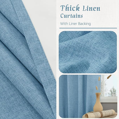 LAMIT 100% Blackout Linen Curtains 63 Inches Long, Linen Textured Living Room Farmhouse Curtains Full Room Darkening Back Tab and Rod Pocket Panels with White Liner, 2 Panels, Blue, 60 x 63 Inch