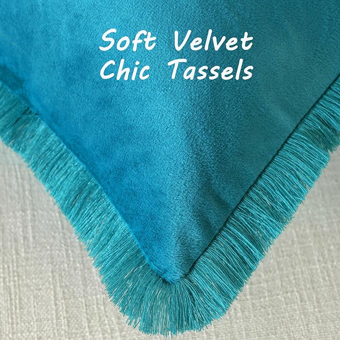 FUTEI Teal Velvet Decorative Throw Pillow Covers 22x22 Set of 2,Soft Cozy Edge with Tassels Cushion Case,Boho Modern Home Decor for Couch Bed Living Room