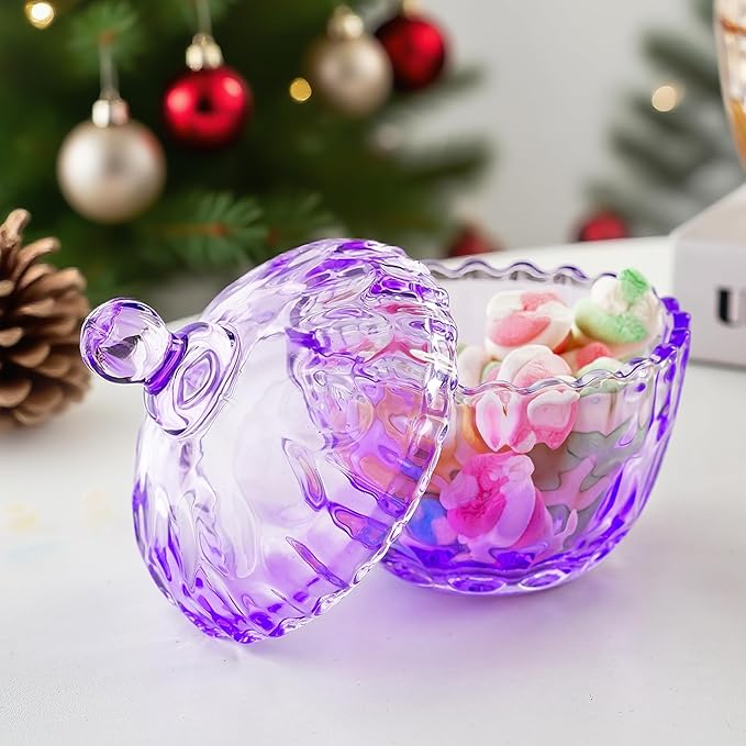 kanpura 350 ml/11.5 oz Elegant Crystal Candy Dish with Lid Decorative Candy Jar Bowl Glass Container Boxes for Home Office Desk Decor(Purple)