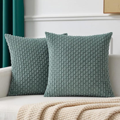 Kevin Textile Decorative Pillow Covers Set of 2 Striped Plush Corduroy Pillows Pillowcases Boho Home Decor Cushion Covers for Couch Sofa Bed Living Room 26x26 Inch, Teal Green