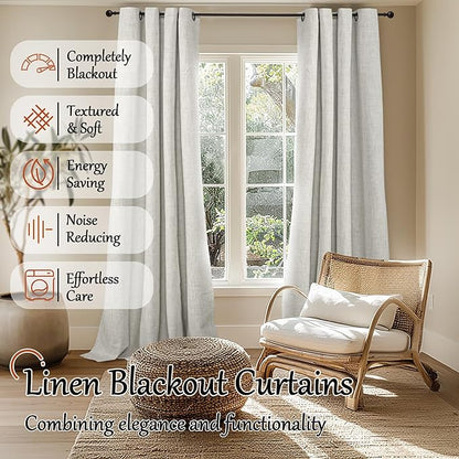 Lajode 100% Blackout Curtains for Living Room 90 Inch Length 2 Panels Set, Thermal Insulated Light Blocking Boho Faux Linen Window Curtains for Bedroom, Bronze Grommet, Each 52" Wide, Light Grey