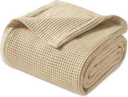 PHF 100% Cotton Waffle & Muslin Blanket Twin Size, Soft Breathable Luxury 400GSM Versatile Reversible Bedding for Bed, Great for Layering in Cold Weather, Home Decor Gift, 66" x 90", French Oak