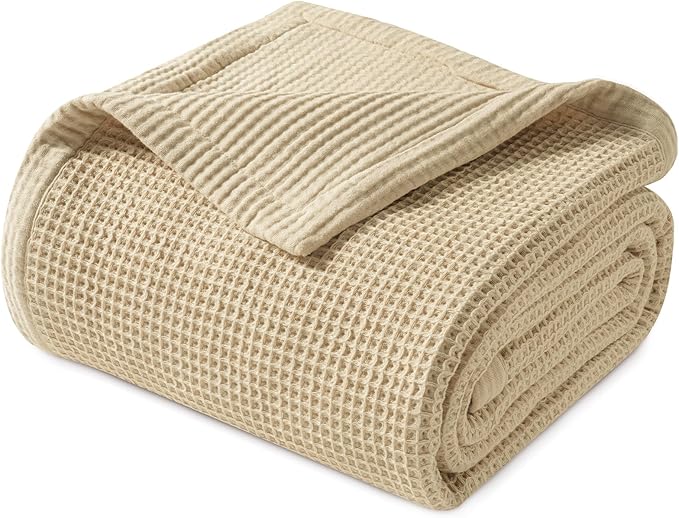 PHF 100% Cotton Waffle & Muslin Blanket Queen Size, Soft Breathable Luxury 400GSM Versatile Reversible Bedding for Bed, Great for Layering in Cold Weather, Home Decor Gift, 90" x 90", French Oak