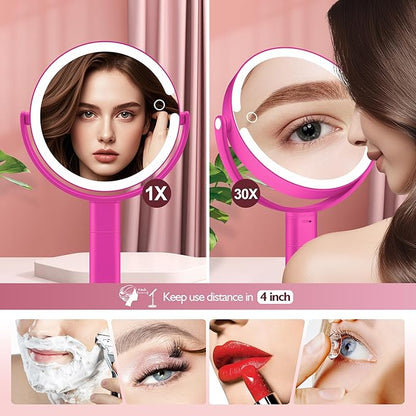 Makeup Mirror with Lights, 30X Magnifying & Height Adjustable, Lighted Magnifying Mirror with 3 Light Modes and Stepless Dimming, Vanity Mirrors for Bathroom, Birthday Gift for Women, Hotpink