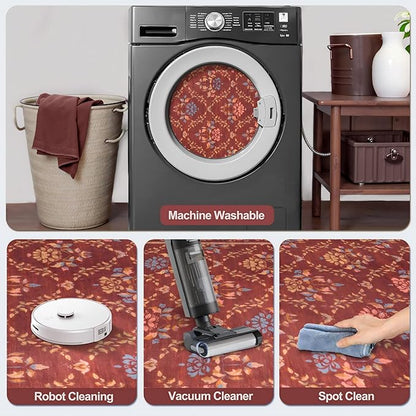 Tangsoo 2x6 Washable Runner Rug for Hallways, Non Slip Red Floral Carpet Runner, Soft Low Pile Floor Carpet Runner for Kitchen, Laundry, Bedroom, Bathroom, Living Room Home Decor