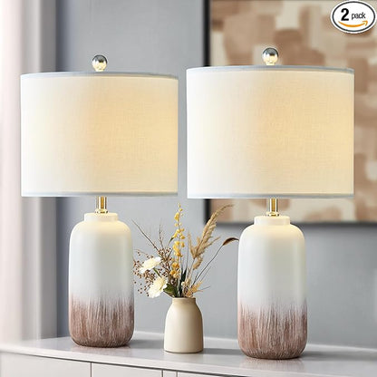 24" Ceramic Table Lamps Set of 2 for Living Room, Modern Brown Bedside Lamps for Night Stands, 3 Way Dimmable Farmhouse End Table Lamp with White Shade for Bedroom