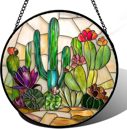 DASTOLL Stained Glass Window Hanging, White Green Cactus Suncatcher Diamond Glass Panel Hangings Sun Catchers Decor for Birthday for Women, Men, Wife, Aunt, and Mom 14.9x14.9 in