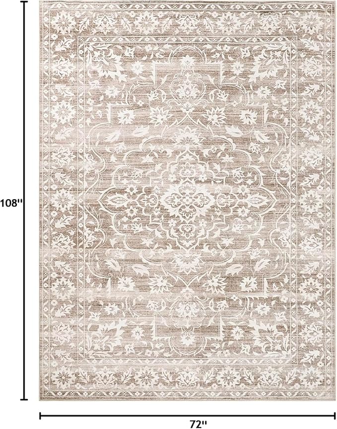 6x9 Area Rugs for Living Room, Stain Resistant Washable Rugs for Dining Room, Kitchen, Floral Vintage Non-Slip Thin Area Rug(Light Brown, 6'x9')