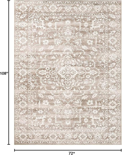 6x9 Area Rugs for Living Room, Stain Resistant Washable Rugs for Dining Room, Kitchen, Floral Vintage Non-Slip Thin Area Rug(Light Brown, 6'x9')
