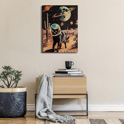 Ijeroain Black Space Cats Wall Art Funny Cat Wall Decor Pictures Cat astronaut painting artwork Cosmic planet Whimsical Print for Boys and Girls Room Bedroom home decoration 12x16in Canvas