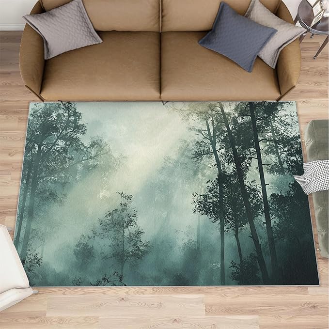 Forest Rug for Living Room, Misty Forest 4x5 Area Rug Natural Landscape Rug for Bedroom Non-Slip Indoor Floor Carpet, Low Pile Resistant Carpet for Dining Room, Office, Home Decor
