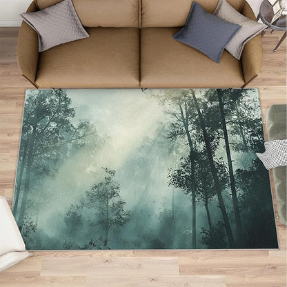 Forest Rug for Living Room, Misty Forest 6x8 Area Rug Natural Landscape Rug for Bedroom Non-Slip Indoor Floor Carpet, Low Pile Resistant Carpet for Dining Room, Office, Home Decor