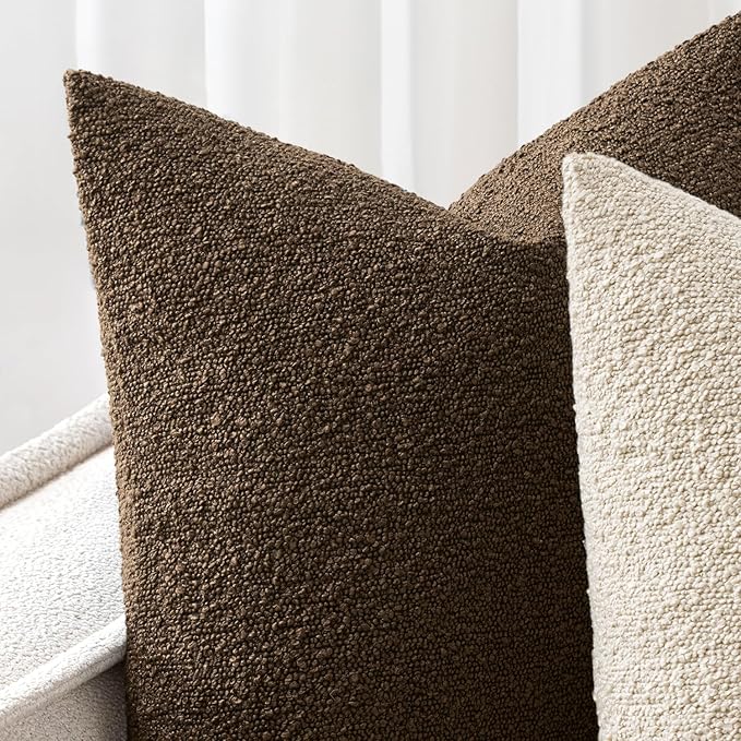 Woaboy Pack of 2 18x18 Inch Decorative Boucle Throw Pillow Covers Textured Square Pillowcaes Accent Solid Cozy Soft Cushion Covers Home Decor for Sofa Couch Living Room Home Decor,Chocolate