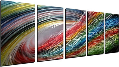 Panel Metal Wall Art with Colorful Wave Lines Design, Abstract Modern and Contemporary Décor, Unique Metal Wall Sculpture, Silver Aluminum Artwork, Indoor and Outdoor decoration, 5 panels 64"x24"