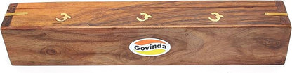 Govinda - Wooden Coffin Incense Burner - 12" OM - Brass Inlays - Storage Compartment