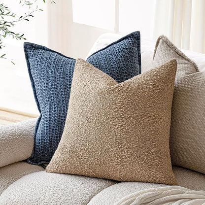 Foindtower Decorative Textured Boucle Throw Pillow Covers Accent Solid Pillow Cases Neutral Soft Cozy Couch Cushion Case for Chair Sofa Bedroom Living Room Home Decor 16x16 Inch,1PC,Taupe Khaki Camel