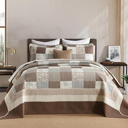 SahSahCasa 100% Cotton 120"x120" Oversized California King Bedspread Coverlet Quilt Set, Cal King Plaid Paisley Floral Extra Large Reversible XL Bed Spread Lightweight Comforter, Brown/Beige/Gray