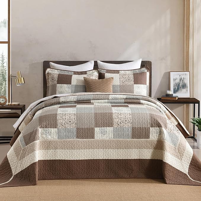 SahSahCasa 100% Cotton 120"x102" Oversized Queen Bedspread Coverlet Quilt Set, Plaid Paisley Floral Extra Large Reversible XL Bed Spread Lightweight Comforter, Brown/Beige/Gray