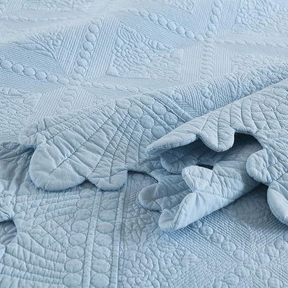 MarCielo 3-Piece 100% Cotton Oversized Bedspread Lightweight Quilt Coverlet Embroidery Farmhouse Bedding Set (TK Light Blue, Oversized King (118"x106"))