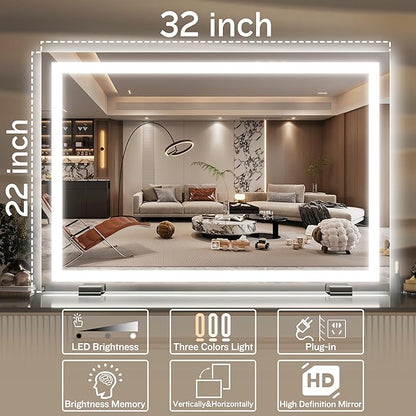 HNV Vanity Mirror with Lights 32"x22" Large Lighted Makeup Mirror, Dimmable 3-Color LED, Touch Screen, Wall-Mount or Tabletop, Ultra-Clear for Bathroom & Bedroom (White)