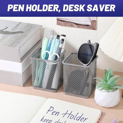 Segarty Pen Cup Holder, 6 Pack Square Silver Pen Holder for Desk, Multifuntional Mesh Pencil Cups Containers for Marker, Office Supplies, School Students, Home Desktop, Brush Organizer