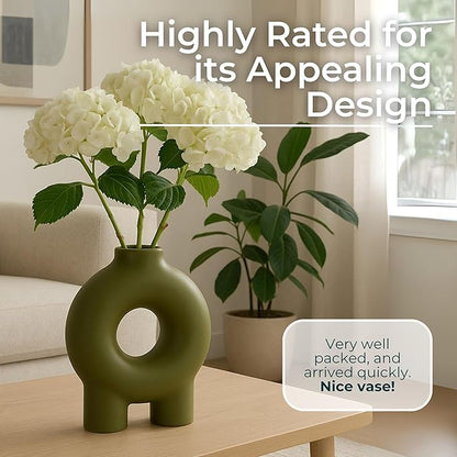 Modern Geometric Ceramic Vase – Stoneware Flower Holder with Unique Circular Design – Decorative Accent for Home Decor, Living Room, Bedroom, Office, Shelf & Table Display – 7", Olive Color