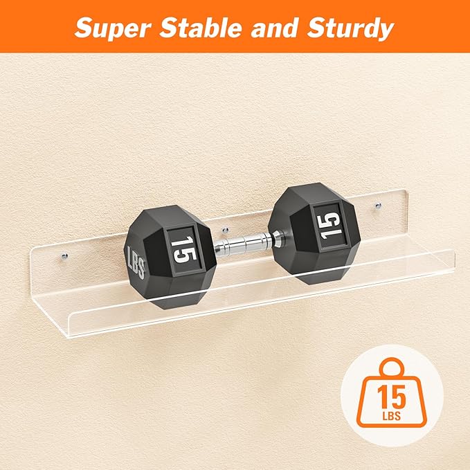 Dooiclear 2 Pack Floating Shelves for Wall, 15" Clear Book Shelf, Acrylic Floating Wall Shelf, Display Shelves Organizer for Bathroom, Classroom, Bedroom, Living Room, Kitchen, Room Decor