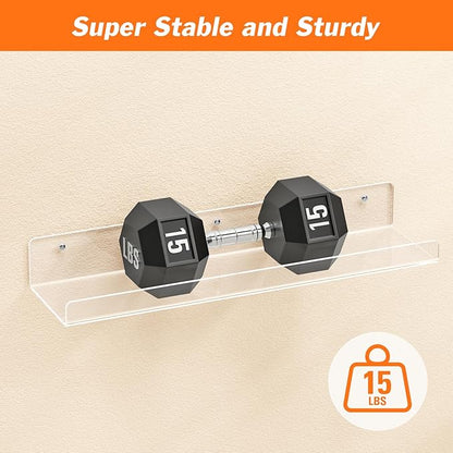 Dooiclear 2 Pack Floating Shelves for Wall, 15" Clear Book Shelf, Acrylic Floating Wall Shelf, Display Shelves Organizer for Bathroom, Classroom, Bedroom, Living Room, Kitchen, Room Decor