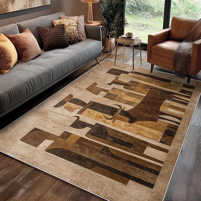 Boho Rug, 3x5 Area Rugs Abstract Art Cow People Pattern for Entryway, Living Room, Bedroom, Boho Home Decor Accessories Indoor Carpet, Non Slip & Machine Washable