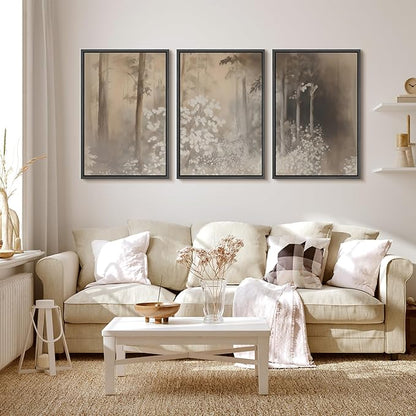 MUDECOR Framed Wall Art Print Set Neutral Forest Landscape Beige and Gray Watercolor Illustrations Realism Decorative for Living Room, Bedroom, Office - 16"x24"x3 Black