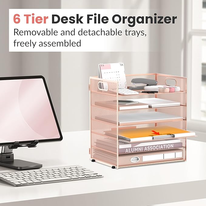 Daltack 6 Tier Paper Organizer for Desk, Paper Letter Tray Organizer for Desks, Mesh Desk File Organizers with Handle for Office, Home, School, Rose Gold, 2 Pack