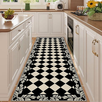 Modern Black White Checkered Pattern Runner Rug, 3.3x7ft, Abstract Neutral Farmhouse Decor Rugs for Living Room, Non-Shedding Low Pile Soft Foldable Carpet for Family Kitchen