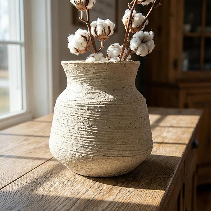 Rustic Wide Mouth Ceramic Flower Vase for Home Decor,Handmade Vintage Stoneware Clay Pottery Terracotta Textured for Modern Farmhouse, Living Room, Office Desk Table Shelf(Beige White) 6IN